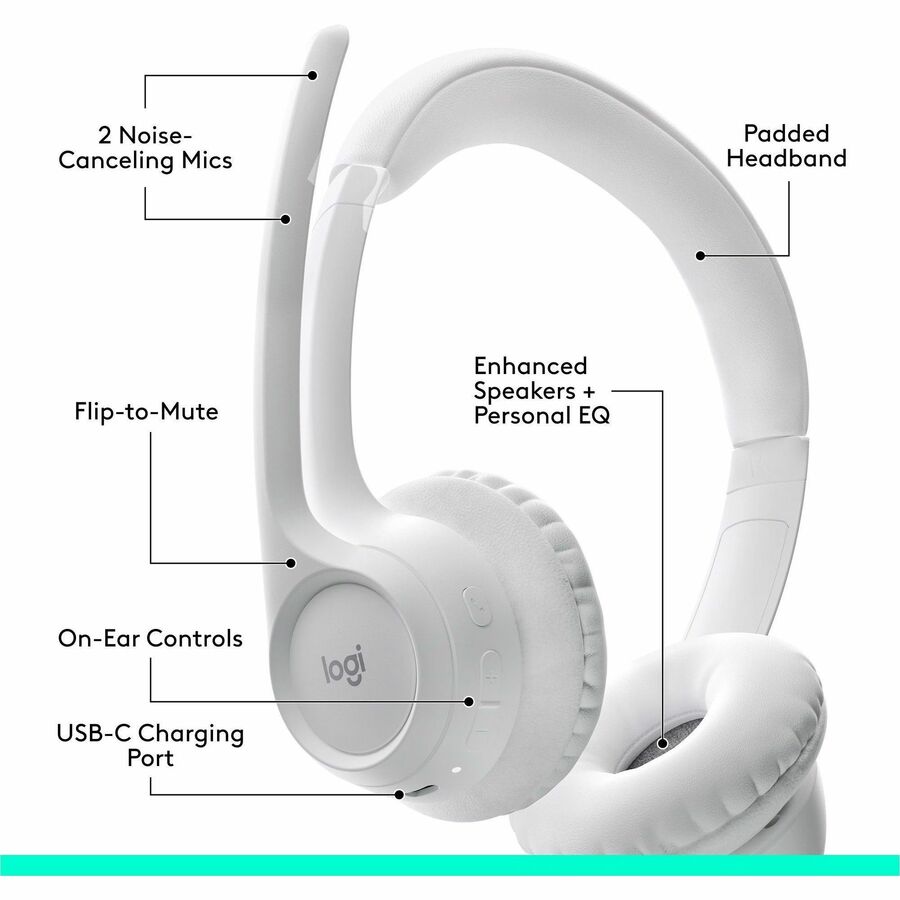 Logitech Zone 300 Wireless Bluetooth Headset With Noise-Canceling Microphone, Compatible with Windows, Mac, Chrome, Linux, iOS, iPadOS, Android - Off-white