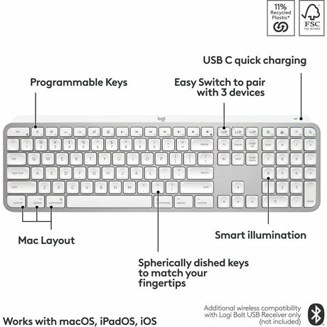 Logitech MX Keys S for Mac, Wireless Keyboard, Fluid, Precise Laptop-Like Typing, Programmable Keys, Backlit, Bluetooth, Pale Grey