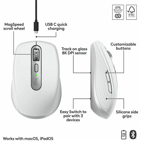 Logitech MX Anywhere 3S for Mac, Compact Wireless Bluetooth Mouse, 8K DPI Any-Surface Tracking, Quiet Clicks, USB C, Pale Grey