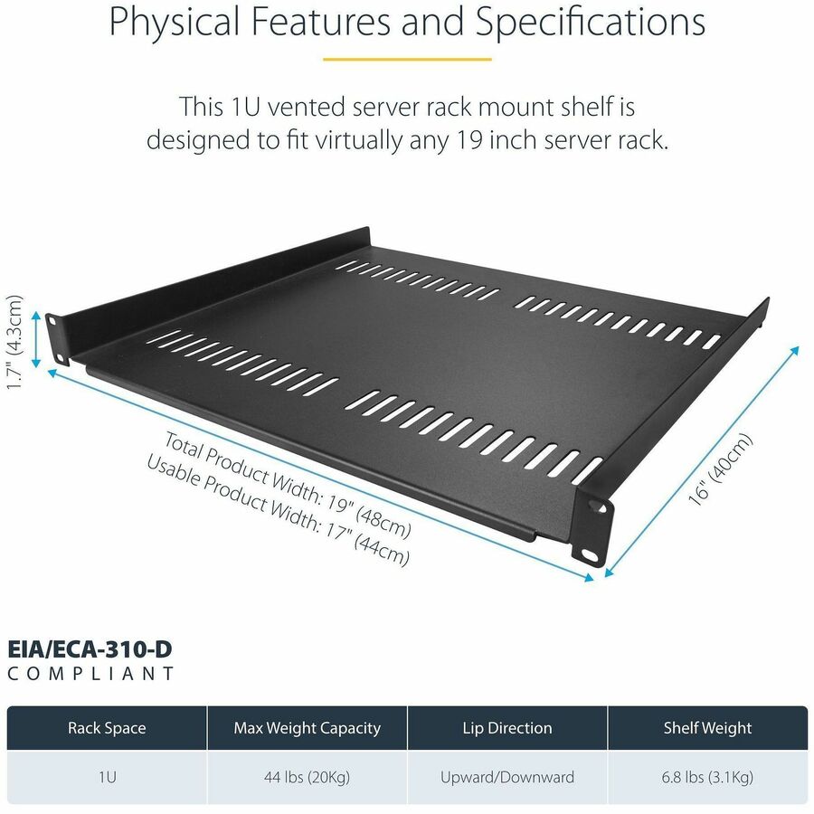 StarTech.com 1U Server Rack Cabinet Shelf - Fixed 16" Deep Cantilever Rackmount Tray for 19" Data/AV/Network Enclosure w/Cage Nuts, Screws