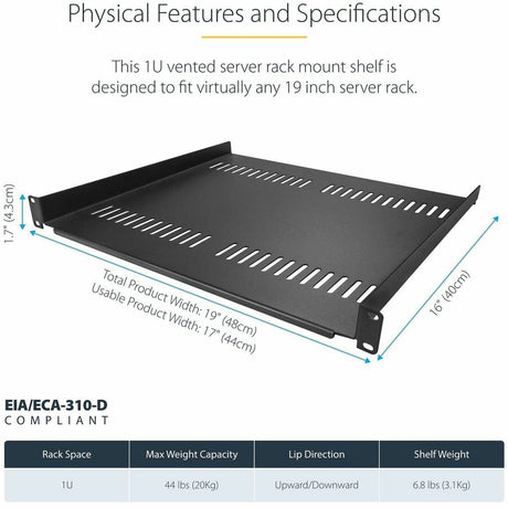 StarTech.com 1U Server Rack Cabinet Shelf - Fixed 16" Deep Cantilever Rackmount Tray for 19" Data/AV/Network Enclosure w/Cage Nuts, Screws