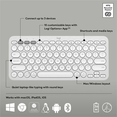 Logitech Pebble Keys 2 K380s, Multi-Device Bluetooth Wireless Keyboard with Customizable Shortcuts, Tonal White