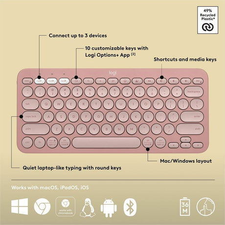 Logitech Pebble Keys 2 K380s, Multi-Device Bluetooth Wireless Keyboard with Customizable Shortcuts, Tonal Rose