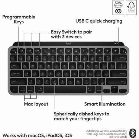 Logitech MX Keys Mini for Mac Minimalist Wireless Keyboard Compact, Bluetooth, Backlit Keys, USB-C, Fast - Space Gray