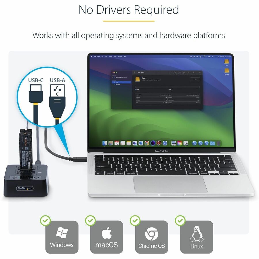 StarTech.com 1:1 M.2 NVMe Drive Duplicator, 90GBpm Standalone M.2 SSD Cloner/Copier, USB-C 3.2 20Gbps M.2 Dual-Bay Drive Docking Station