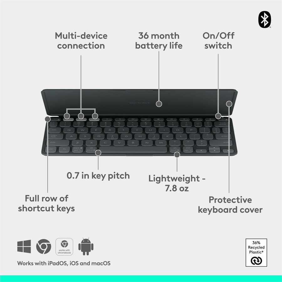 Logitech Keys-To-Go 2 Portable Bluetooth Keyboard for Tablet With Built-in Cover, Slim and Compact Wireless Keyboard for Windows, Android, Linux, iPad, iPhone, Mac, Apple TV (Graphite)