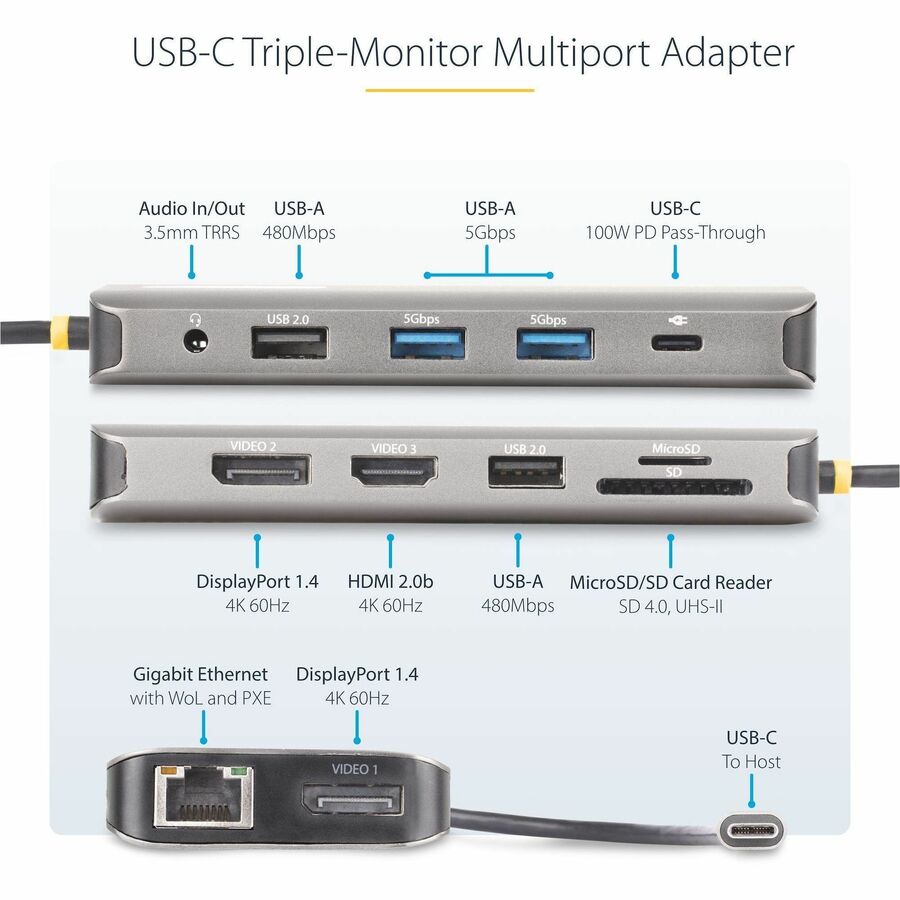 StarTech.com USB-C Triple-Monitor Multiport Adapter, Dual 4K 60Hz + 4K 30Hz HDMI & DP, 4x USB-A, 100W PD Pass-Through, GbE, SD Card Reader