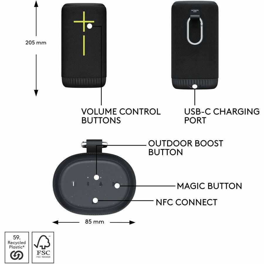 ULTIMATE EARS EVERBOOM Wireless Bluetooth Portable Speaker, Big Bass and Immersive 360-Degree Sound, Floatable Waterproof Speaker IP67, up to 20-Hour Battery and 180 ft (55 m) Range, Black