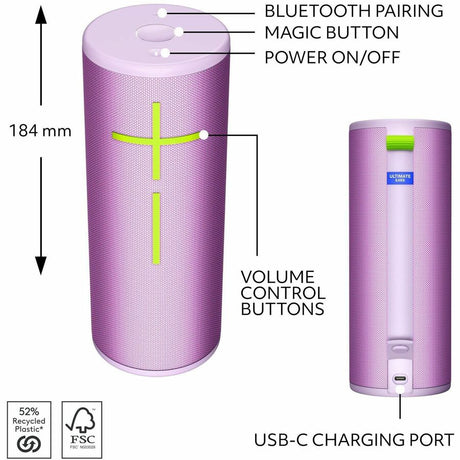 Ultimate Ears BOOM 4 Portable Waterproof Bluetooth Speaker With 360-Degree, Bold, Immersive, Crystal-Clear Sound, Floating Speaker With 15-Hour Battery and 147ft (45m) Range, Lilac