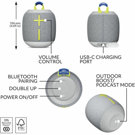 Ultimate Ears WONDERBOOM 4 Portable Waterproof Bluetooth Speaker With Big Bass and 360-Degree Sound, Dustproof Floating Speaker With 131ft (40m) Range, Gray