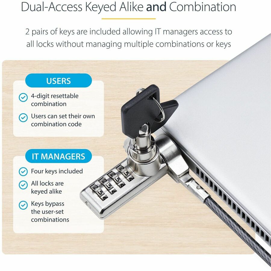 StarTech.com 10-Pack Dual-Access Laptop Lock, 6.5ft (2m) Keyed Alike and Combination Security Cable Lock for K-Slot Devices, Anti-Theft
