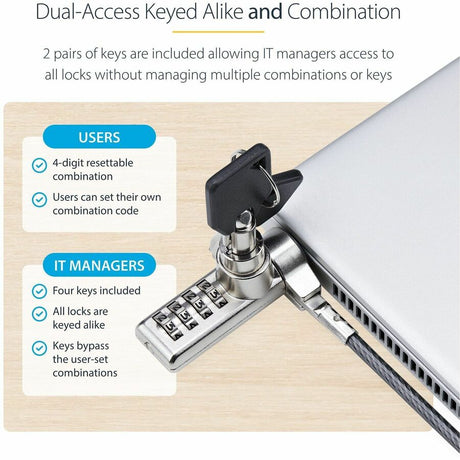 StarTech.com 10-Pack Dual-Access Laptop Lock, 6.5ft (2m) Keyed Alike and Combination Security Cable Lock for K-Slot Devices, Anti-Theft