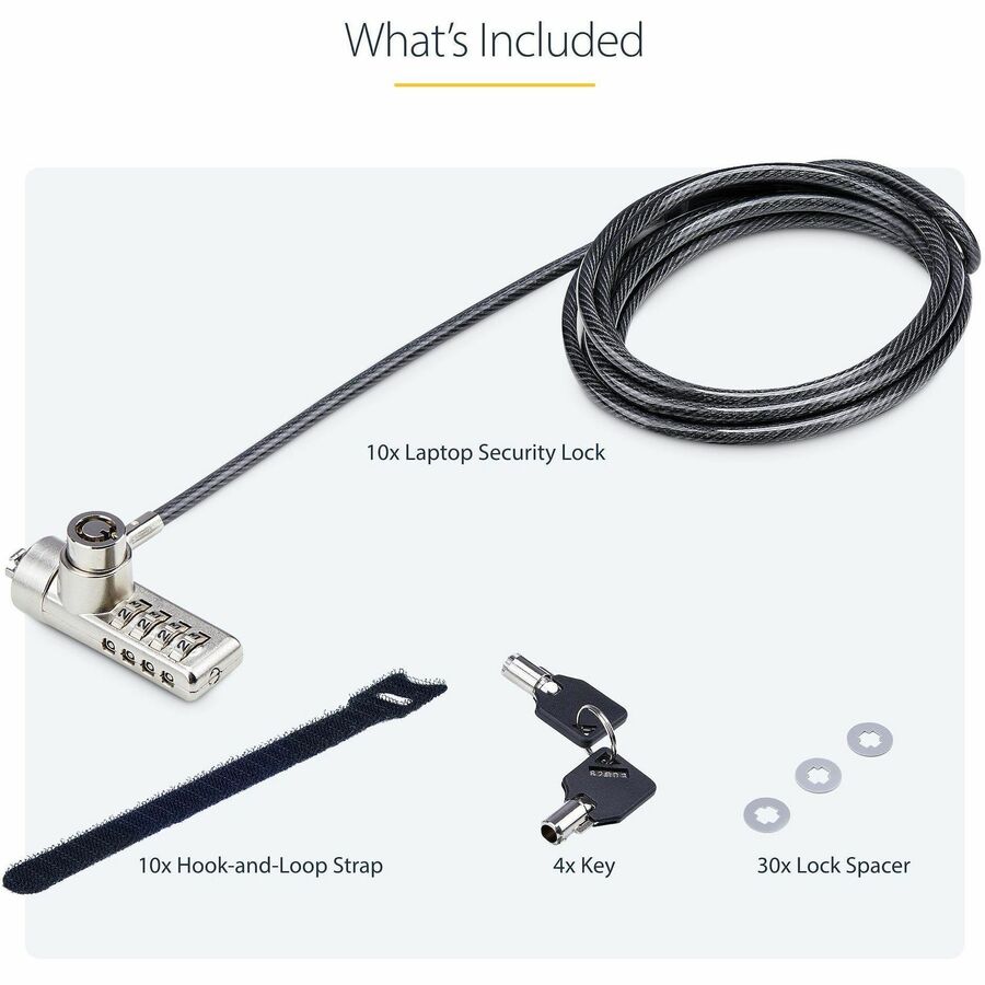StarTech.com 10-Pack Dual-Access Laptop Lock, 6.5ft (2m) Keyed Alike and Combination Security Cable Lock for K-Slot Devices, Anti-Theft