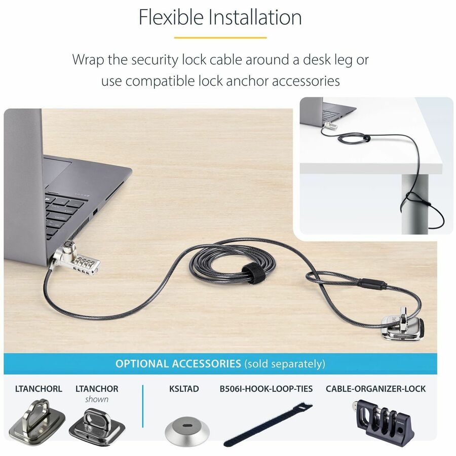 StarTech.com 10-Pack Dual-Access Laptop Lock, 6.5ft (2m) Keyed Alike and Combination Security Cable Lock for K-Slot Devices, Anti-Theft