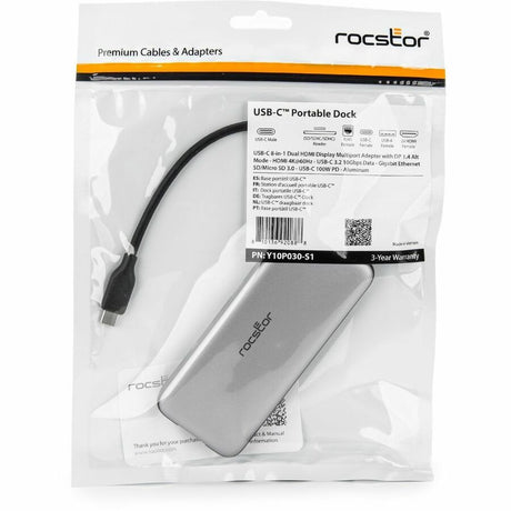 Rocstor Premium USB-C 8-in-1 Dual HDMI Display Portable Dock Multiport Adapter