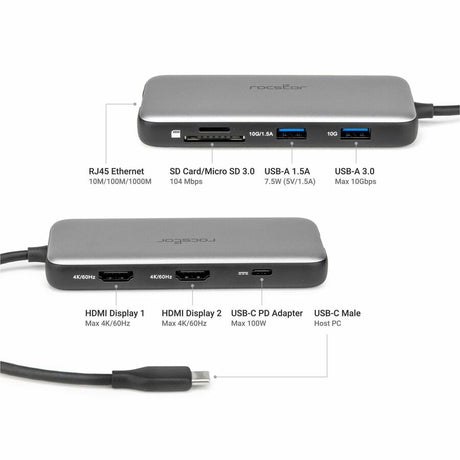 Rocstor Premium USB-C 8-in-1 Dual HDMI Display Portable Dock Multiport Adapter