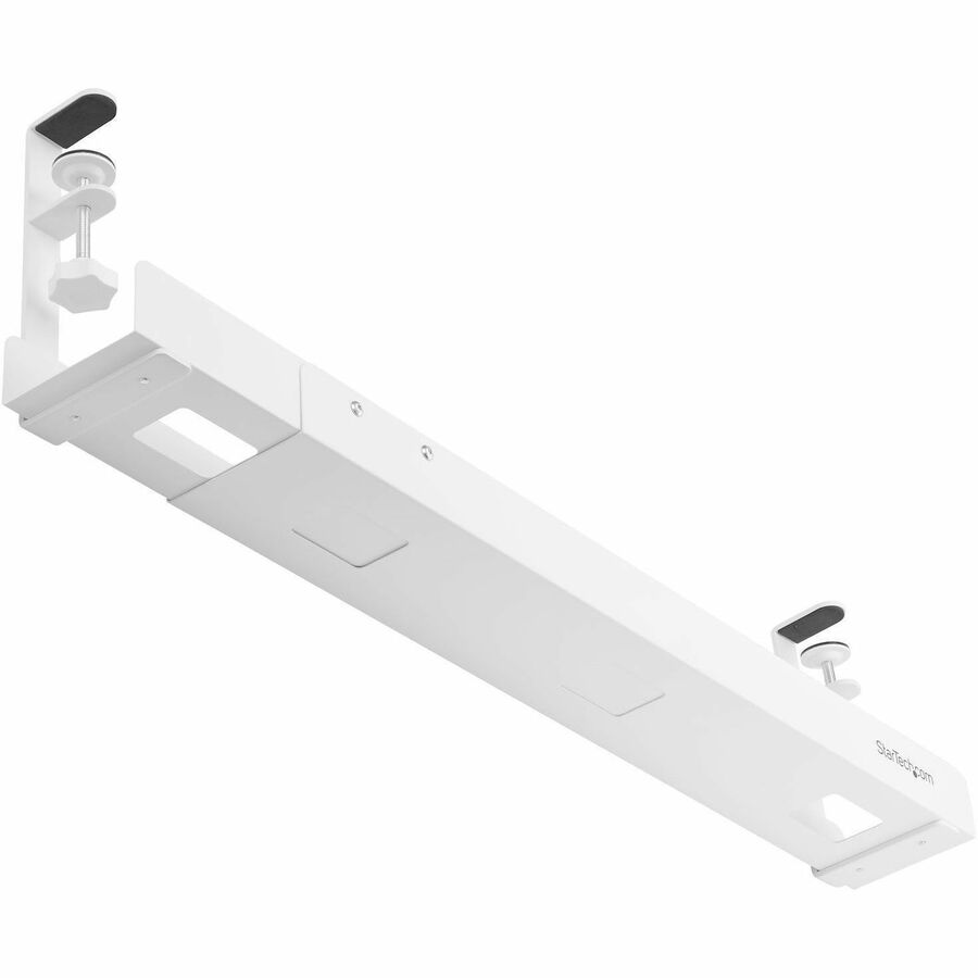 StarTech.com Under Desk Cable Management Tray, Length Adjustable, Clamp-On Installation, No Drilling Required, White