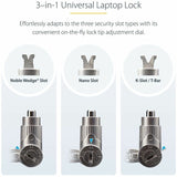 StarTech.com 3-in-1 Universal Laptop Lock 6.6ft, Master Keyed Locking Cable, Security Cable, Compatible w/Noble Wedge&reg;/Nano/K-Slot
