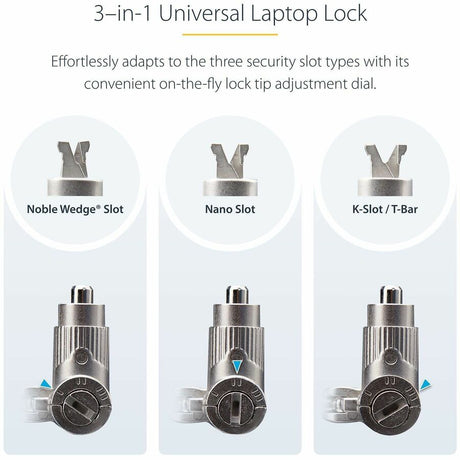 StarTech.com 3-in-1 Universal Laptop Lock 6.6ft, Master Keyed Locking Cable, Security Cable, Compatible w/Noble Wedge&reg;/Nano/K-Slot