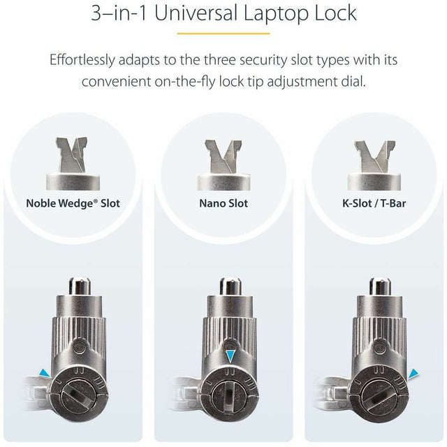 StarTech.com 3-in-1 Universal Laptop Lock 6.6ft, Master Keyed Locking Cable, Security Cable, Compatible w/Noble Wedge&reg;/Nano/K-Slot