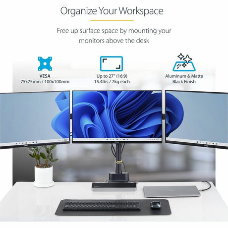 StarTech.com Triple Monitor Desk Mount For Up To Three 27in Screens, VESA 75x75/100x100, Tool-Less Arm Adjustments, C-Clamp/Grommet