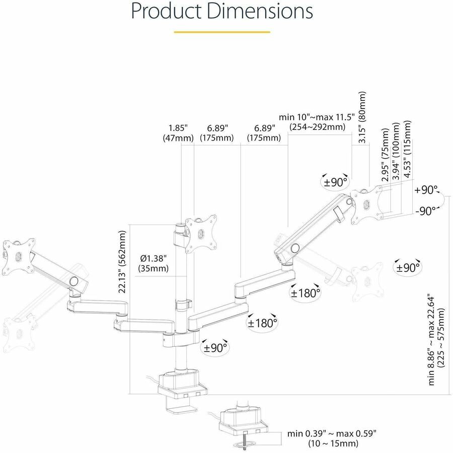 StarTech.com Triple Monitor Desk Mount For Up To Three 27in Screens, VESA 75x75/100x100, Tool-Less Arm Adjustments, C-Clamp/Grommet