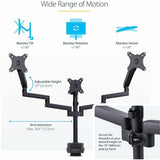 StarTech.com Triple Monitor Desk Mount For Up To Three 27in Screens, VESA 75x75/100x100, Tool-Less Arm Adjustments, C-Clamp/Grommet