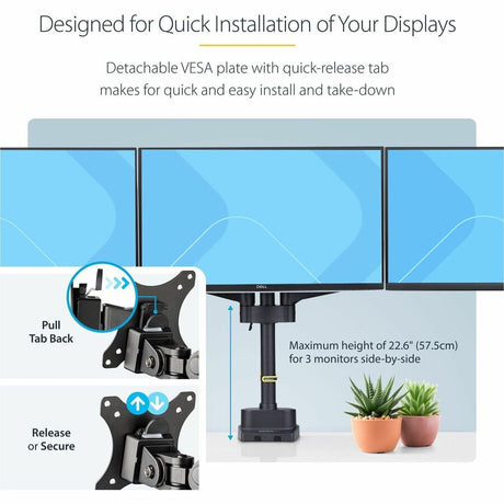 StarTech.com Triple Monitor Desk Mount For Up To Three 27in Screens, VESA 75x75/100x100, Tool-Less Arm Adjustments, C-Clamp/Grommet