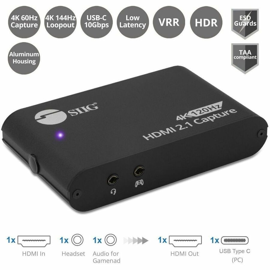 SIIG 4K120Hz HDMI 2.1 Capture Device for Gaming and Streaming - 4K60Hz Capture - 4K 120Hz/144Hz Loopout - USB-C 10Gbps - TAA Compliant
