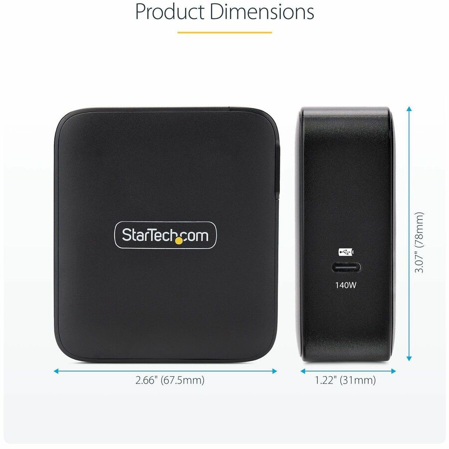 StarTech.com 140W USB-C Wall Charger, USB-IF Certified, PD 3.1 Portable GaN Charging Power Adapter, 6ft/1.8m USB-C to USB-C Cable