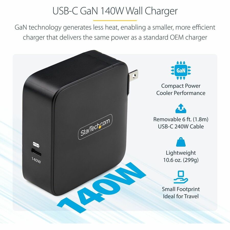 StarTech.com 140W USB-C Wall Charger, USB-IF Certified, PD 3.1 Portable GaN Charging Power Adapter, 6ft/1.8m USB-C to USB-C Cable
