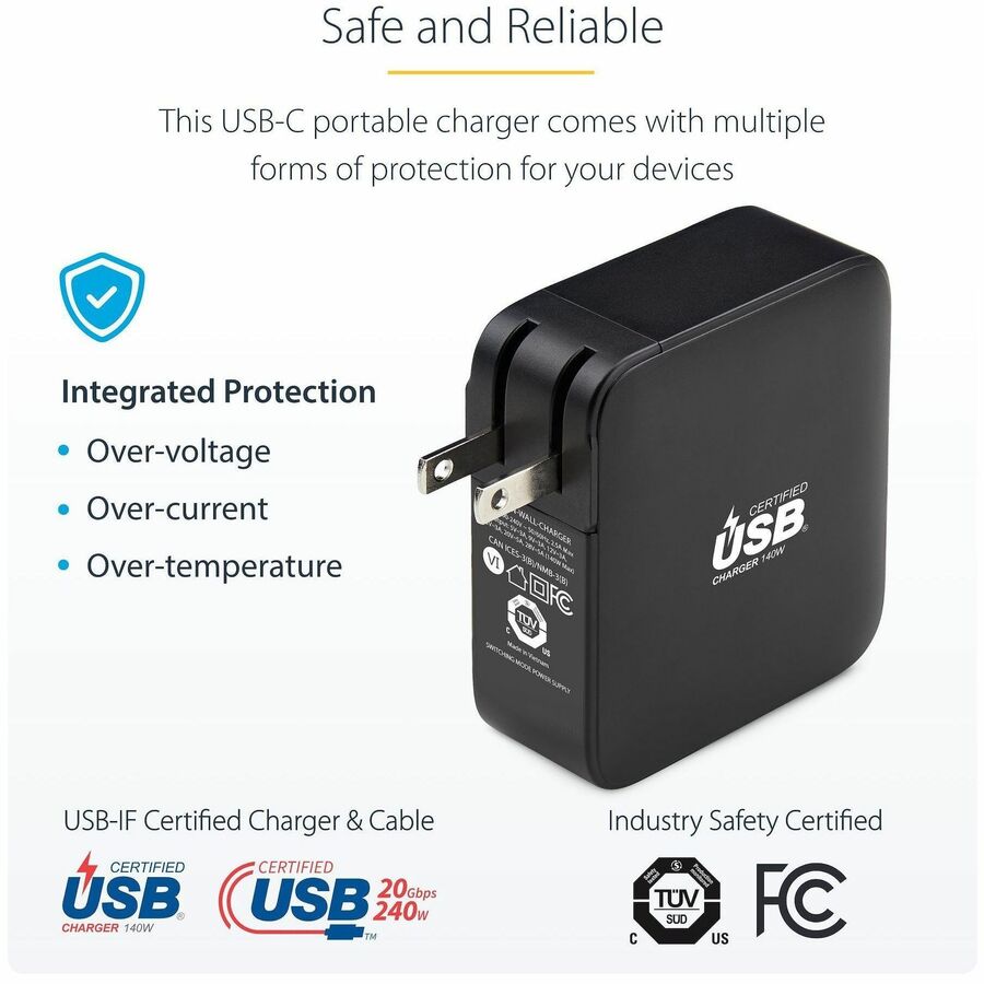 StarTech.com 140W USB-C Wall Charger, USB-IF Certified, PD 3.1 Portable GaN Charging Power Adapter, 6ft/1.8m USB-C to USB-C Cable