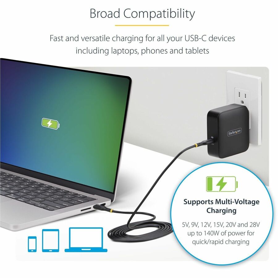 StarTech.com 140W USB-C Wall Charger, USB-IF Certified, PD 3.1 Portable GaN Charging Power Adapter, 6ft/1.8m USB-C to USB-C Cable