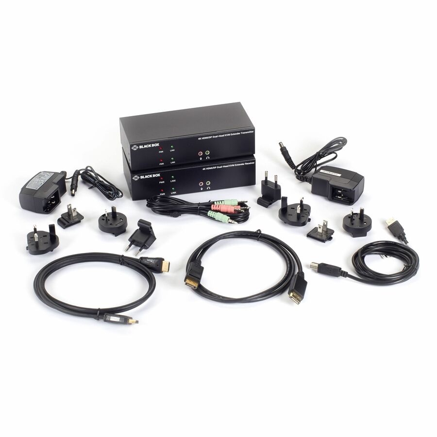 Black Box KVX Series KVM Extender Kit over Fiber - 4K, Dual-Monitor, HDMI/DisplayPort, USB 2.0, Serial, Audio, Local Video