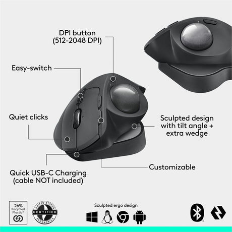 Logitech MX Ergo S Plus Advanced Wireless Trackball Mouse, USB-C Rechargeable Wireless Ergonomic Mouse With Bluetooth and Encrypted Dongle, 6 Programmable Buttons, for PC/Mac (Graphite)