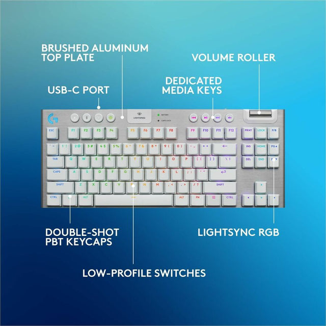 Logitech G915 X LIGHTSPEED TKL Low-Profile Wireless Gaming Keyboard, Double-Shot PBT Keycaps, Fully Programmable Keys, RGB Backlighting, Sleek Aluminum Finishing, GL Brown Tactile - PC/Mac (White)