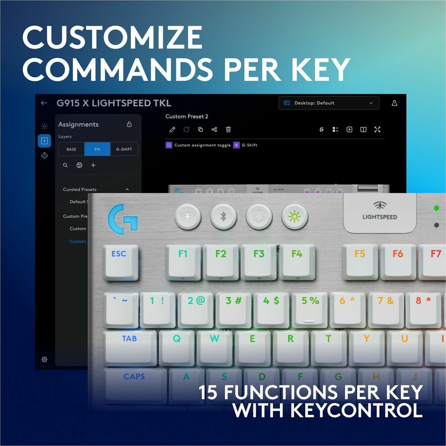 Logitech G915 X LIGHTSPEED TKL Low-Profile Wireless Gaming Keyboard, Double-Shot PBT Keycaps, Fully Programmable Keys, RGB Backlighting, Sleek Aluminum Finishing, GL Brown Tactile - PC/Mac (White)