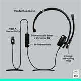 Logitech H570e USB Wired Mono Headset, USB-A, Noise-Canceling Mics, Inline Controls, Certified for Microsoft Teams, Black
