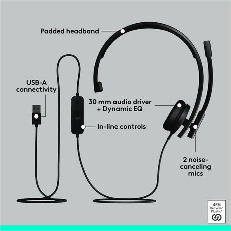 Logitech H570e USB Wired Mono Headset, USB-A, Noise-Canceling Mics, Inline Controls, Certified for Microsoft Teams, Black