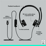 Logitech H570e USB Wired Stereo Headset, USB-A, Noise-Canceling Mics, Inline Controls, Certified for Microsoft Teams, Black