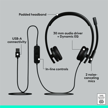 Logitech H570e USB Wired Stereo Headset, USB-A, Noise-Canceling Mics, Inline Controls, Certified for Microsoft Teams, Black