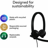 Logitech H570e USB Wired Stereo Headset, USB-A, Noise-Canceling Mics, Inline Controls, Certified for Microsoft Teams, Black