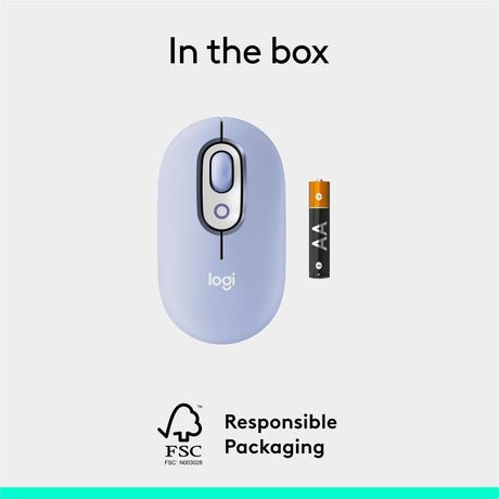 Logitech POP Mouse, Compact and Portable Wireless Bluetooth Mouse With Programmable Buttons and Quiet Clicks, Easy-Switch Between up to 3 Devices, Lilac