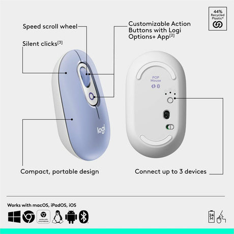 Logitech POP Mouse, Compact and Portable Wireless Bluetooth Mouse With Programmable Buttons and Quiet Clicks, Easy-Switch Between up to 3 Devices, Lilac