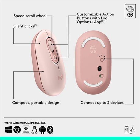 Logitech POP Mouse, Compact and Portable Wireless Bluetooth Mouse With Programmable Buttons and Quiet Clicks, Easy-Switch Between up to 3 Devices, Rose