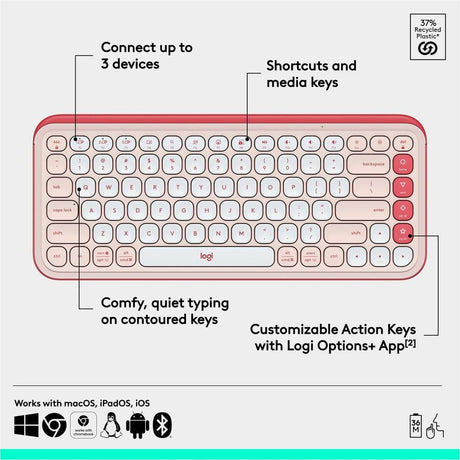Logitech POP ICON KEYS Wireless Bluetooth Keyboard, Comfortable Typing, Programmable Keys, Easy-Switch Between up to 3 Devices (Rose & Off-white)