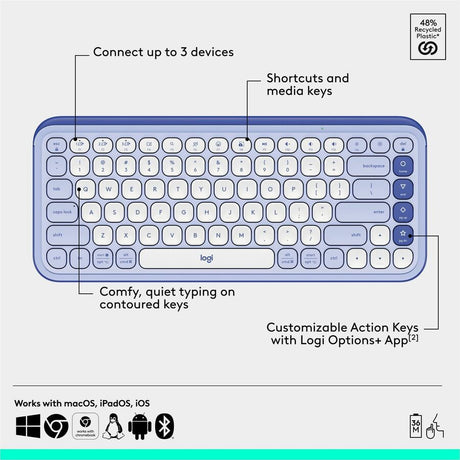 Logitech POP ICON COMBO, Bluetooth Keyboard and Mouse Combo, Comfortable Typing, Programmable Keys and Buttons, Quiet Clicks (Lilac & Off-white)