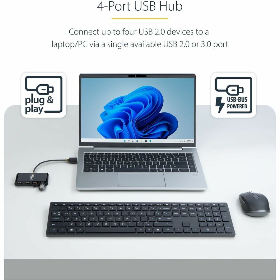 StarTech.com 4-Port USB 2.0 Hub, USB Bus Powered, Small Travel Mini USB Hub, Multi-Port USB 2.0 Splitter, Portable USB Hub, 480Mbps