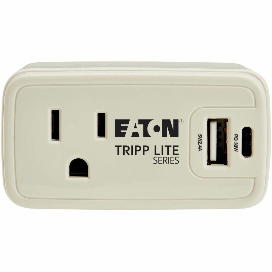 Eaton Tripp Lite Series Power It! 1-Outlet Universal Travel Charger and Power Strip - 5-15R Outlet, USB-C and USB-A Ports, 32W PD Charging, 5-15P Direct Plug-In, Gray
