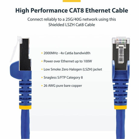 StarTech.com 6ft Blue CAT8 Ethernet Cable, Snagless RJ45, 25G/40G 2000MHz, 100W PoE, S/FTP, 26AWG Pure Bare Copper, LSZH Network Patch Cord
